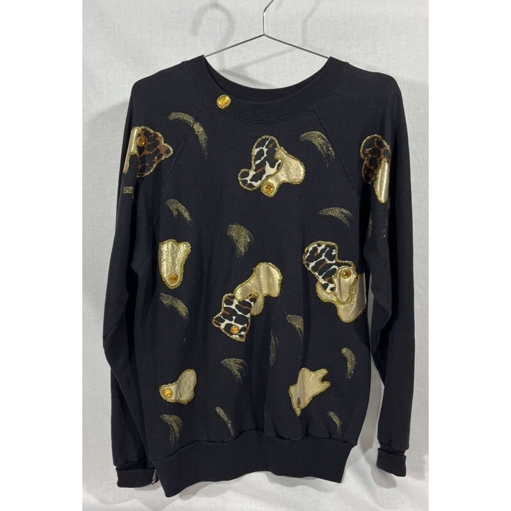Hand Painted Gold and Animal Print Black 1980's Sweatshirt USA made Size large